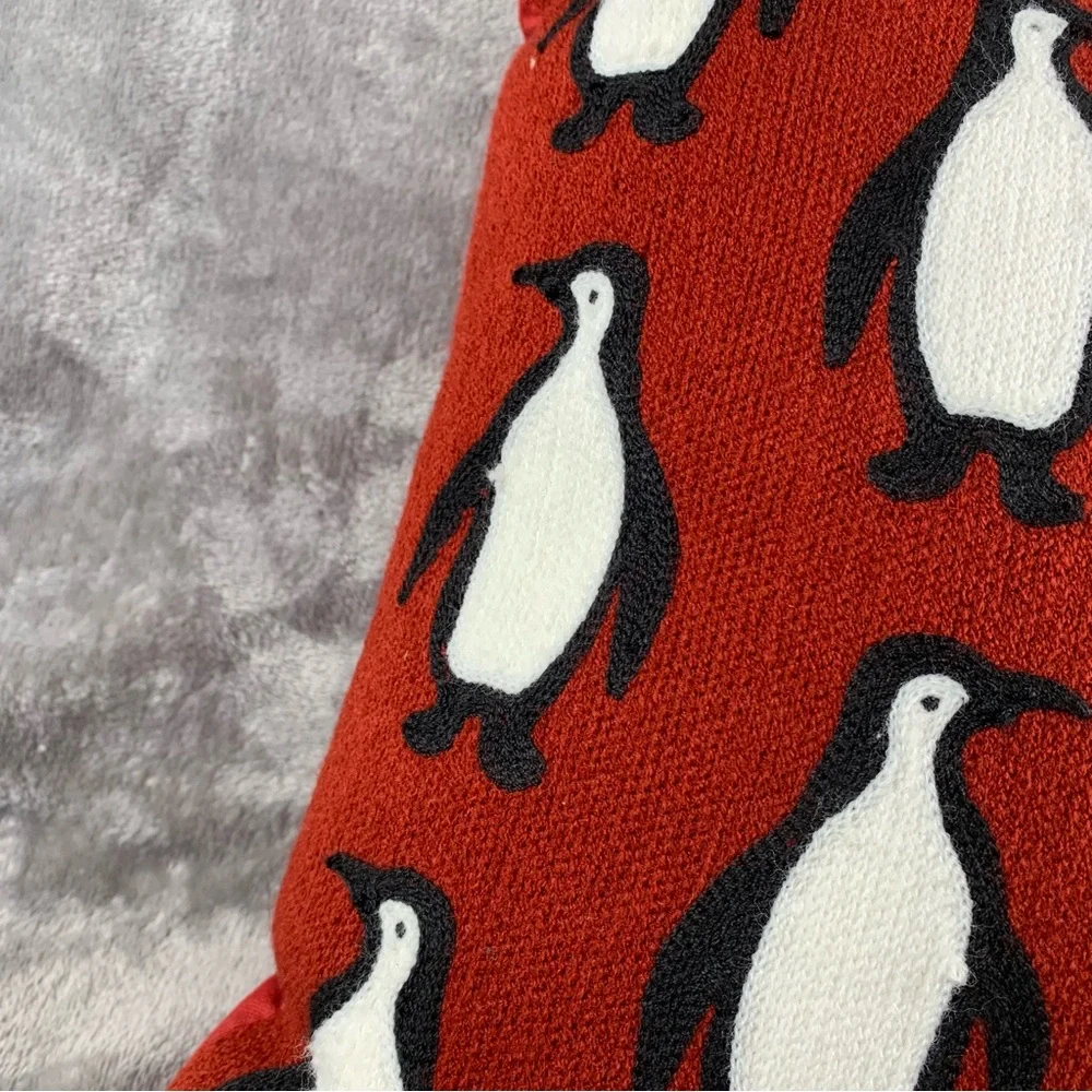 Pottery Barn Red Needlework Penguin‎ Pattern Crewel Pillow 14 X 14 Imperfections